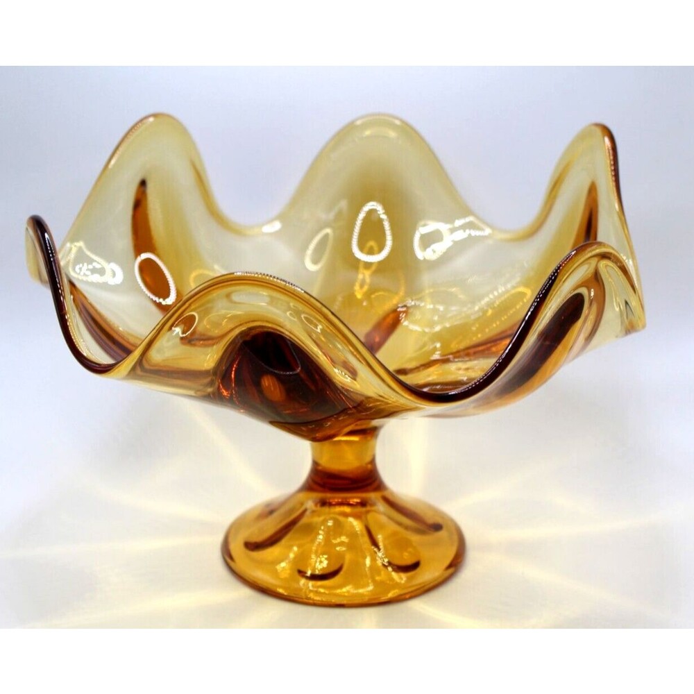 Vintage MCM Large Amber Viking 6 Petal Pedestal Compote Candy Dish